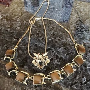 Two Coro, Vintage Chokers, Goldtone Lucite & Heart-Birds, Flowers, Rhinestones